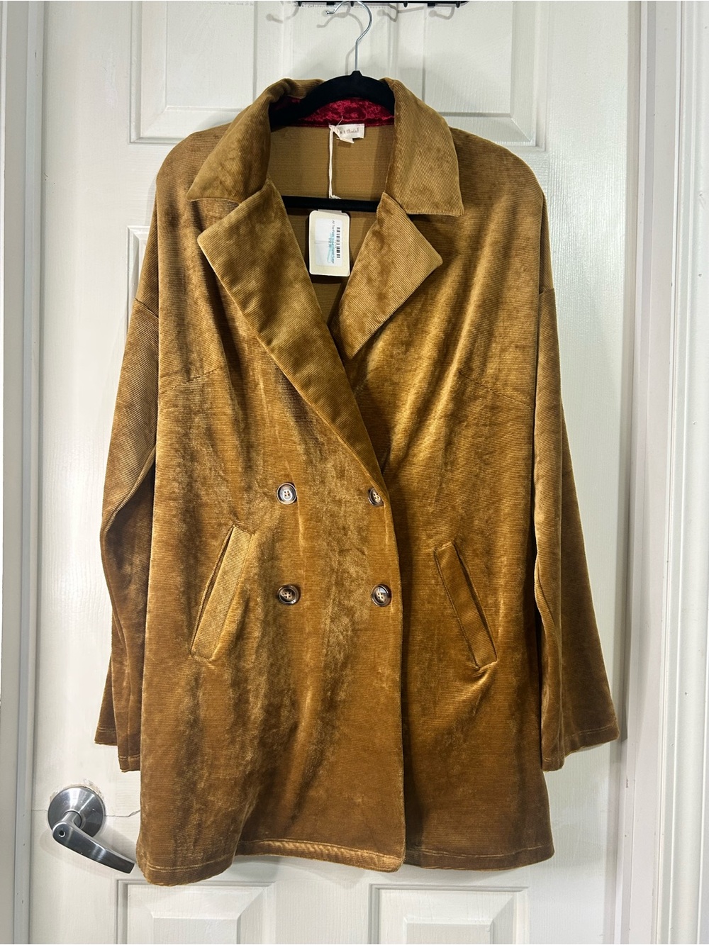Hem & Thread Double-Breasted Velvet Pea Coat in Camel Brown